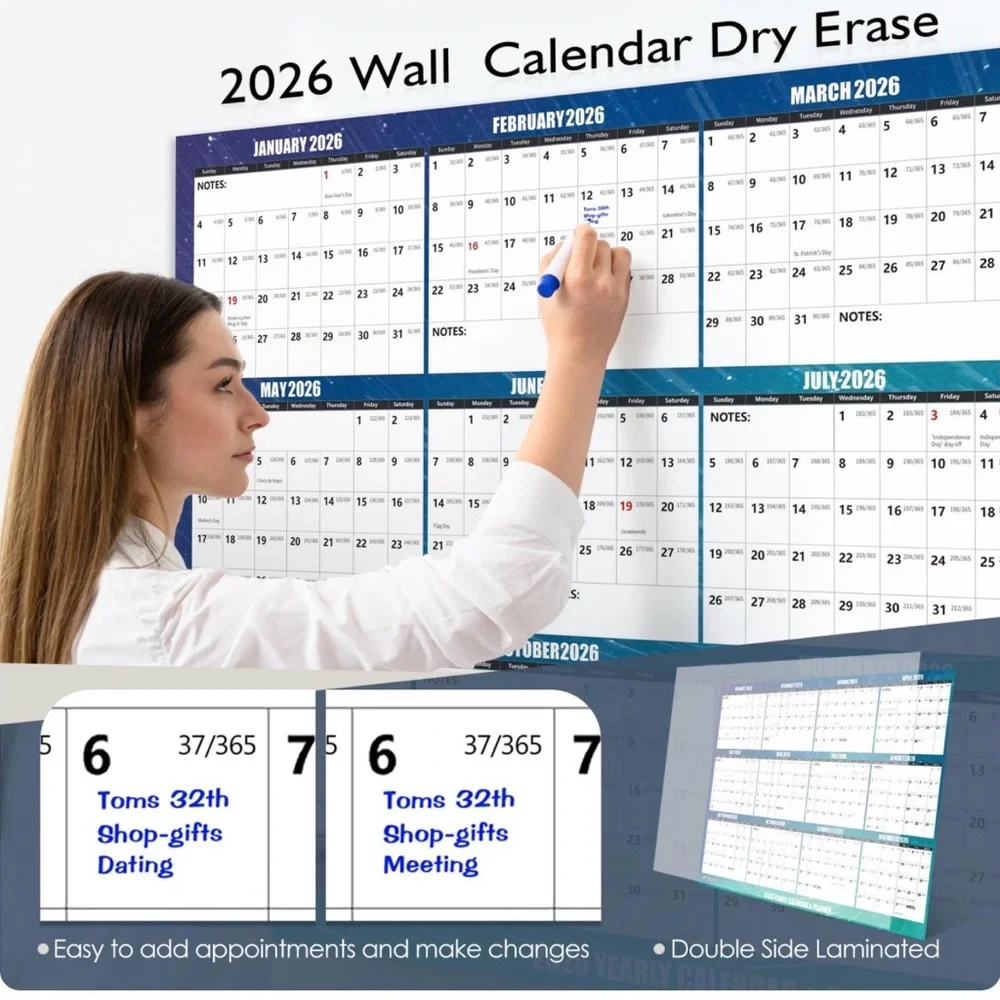 Dry Erase 2026 Wall Calendar - Blue/White